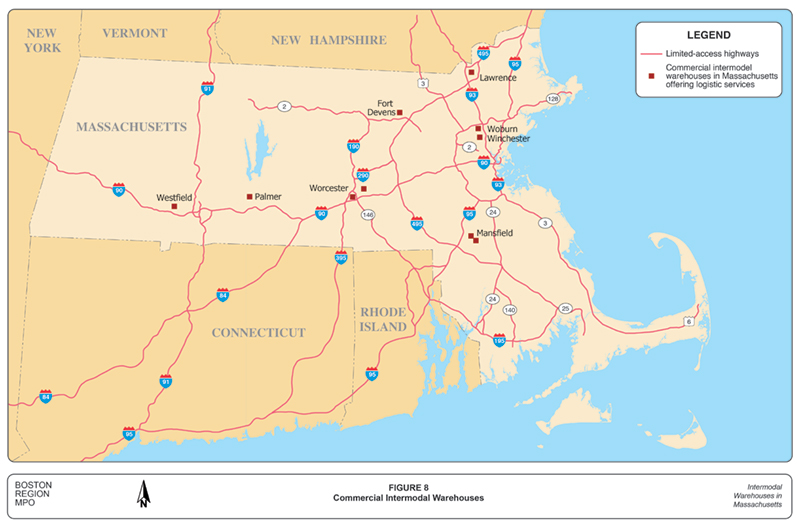 FIGURE 8. Commercial Intermodal Warehouses
This figure is a map of Massachusetts that shows the limited-access highway system and the approximate locations of the 10 intermodal warehouses that are described individually in the subsequent section.
FIGURE 8. Commercial Intermodal Warehouses
This figure is a map of Massachusetts that shows the limited-access highway system and the approximate locations of the 10 intermodal warehouses that are described individually in the subsequent section.
